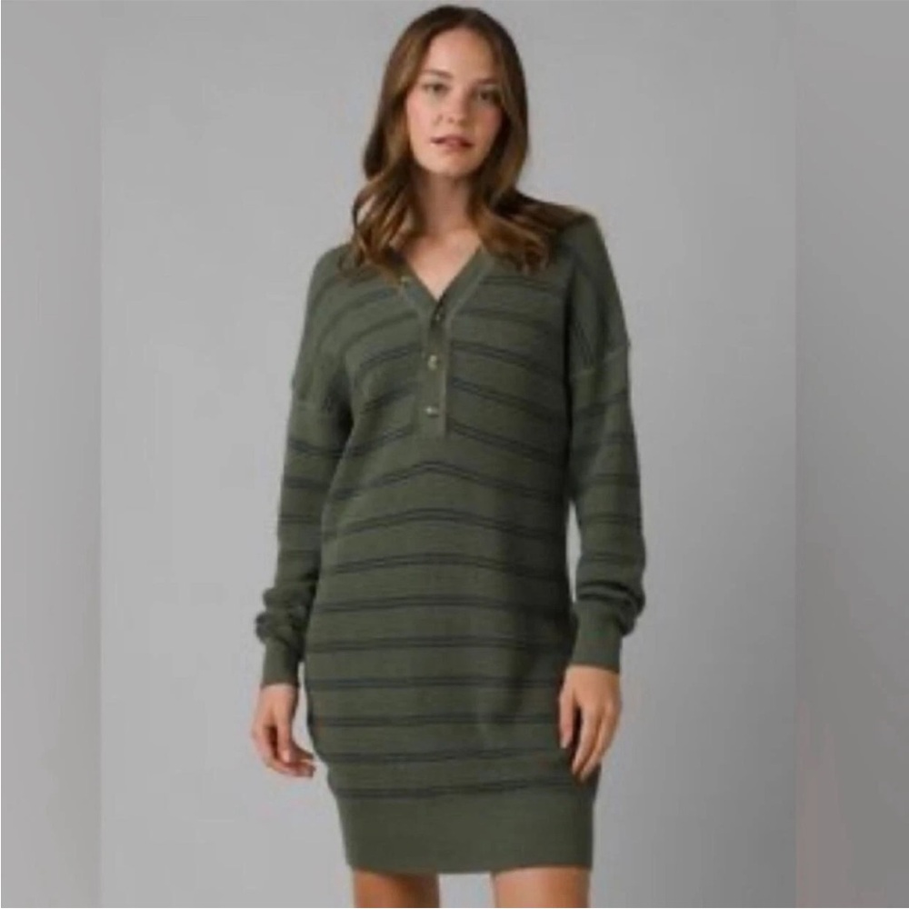 Prana Milani Henley Ping Sleeve Sweater Dress in Green Kale Stripe Size S